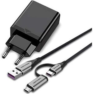 Set Vention 1-port USB Quick Charger (18W) Black + USB 2.0 to 2-in-1 USB-C & Micro USB 5A 0.5 m Gray